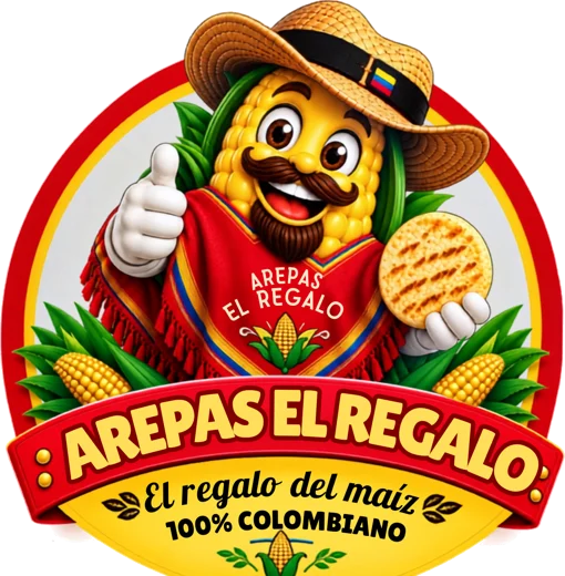 Logo de Arepas El Regalo: una mazorca con sombrero sosteniendo una arepa
